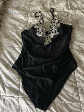 NWOT Black One-Piece Swimsuit with Silver Lace Appliqué